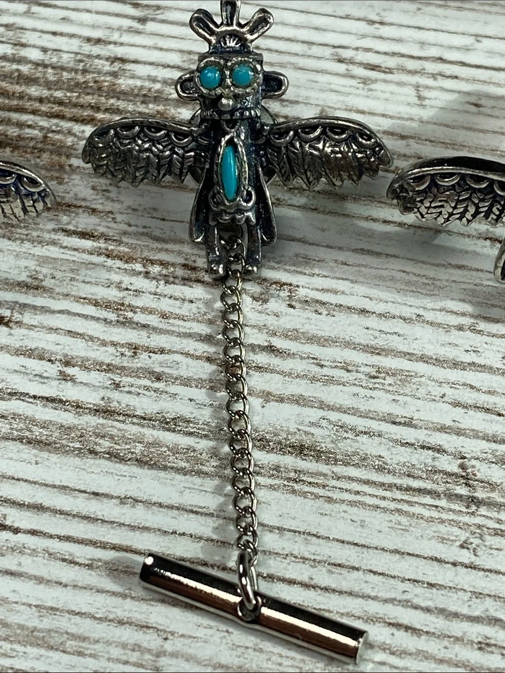 Vtg Thunderbird Kachina Cufflinks Tie Tac Set Faux Turquoise Fred Harvey Style